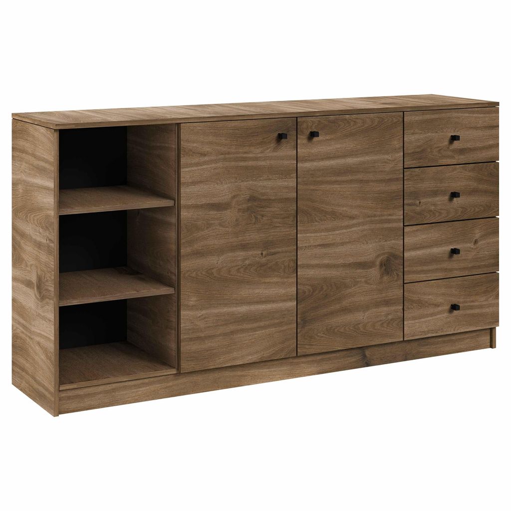 Kommode WESTA IV Brandy Castello, Sideboard mit Regal, 2 Türen und 4 Schubladen, Wohnzimmerschrank mit Stauraum, Moderne Kommode in Holzoptik, 160 cm