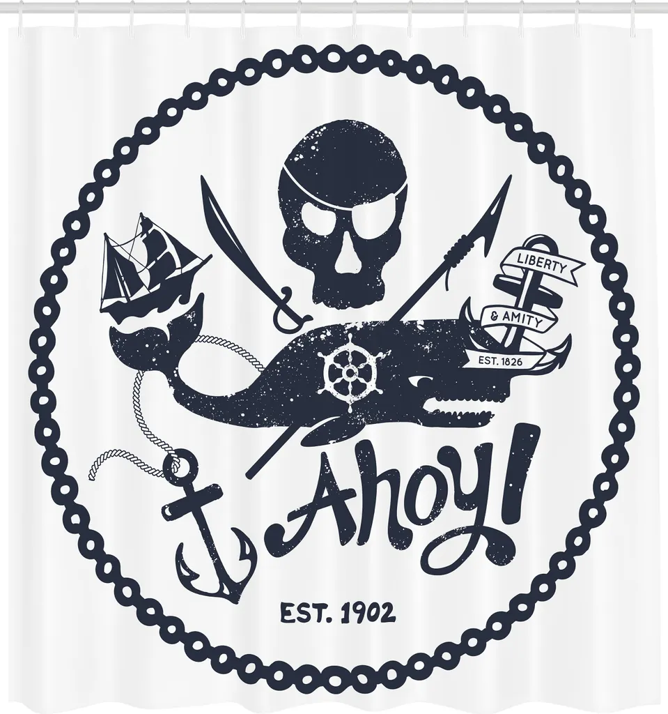 Rideau de Douche en Tissu Thème Mer et Pirates avec Crochets Inclus