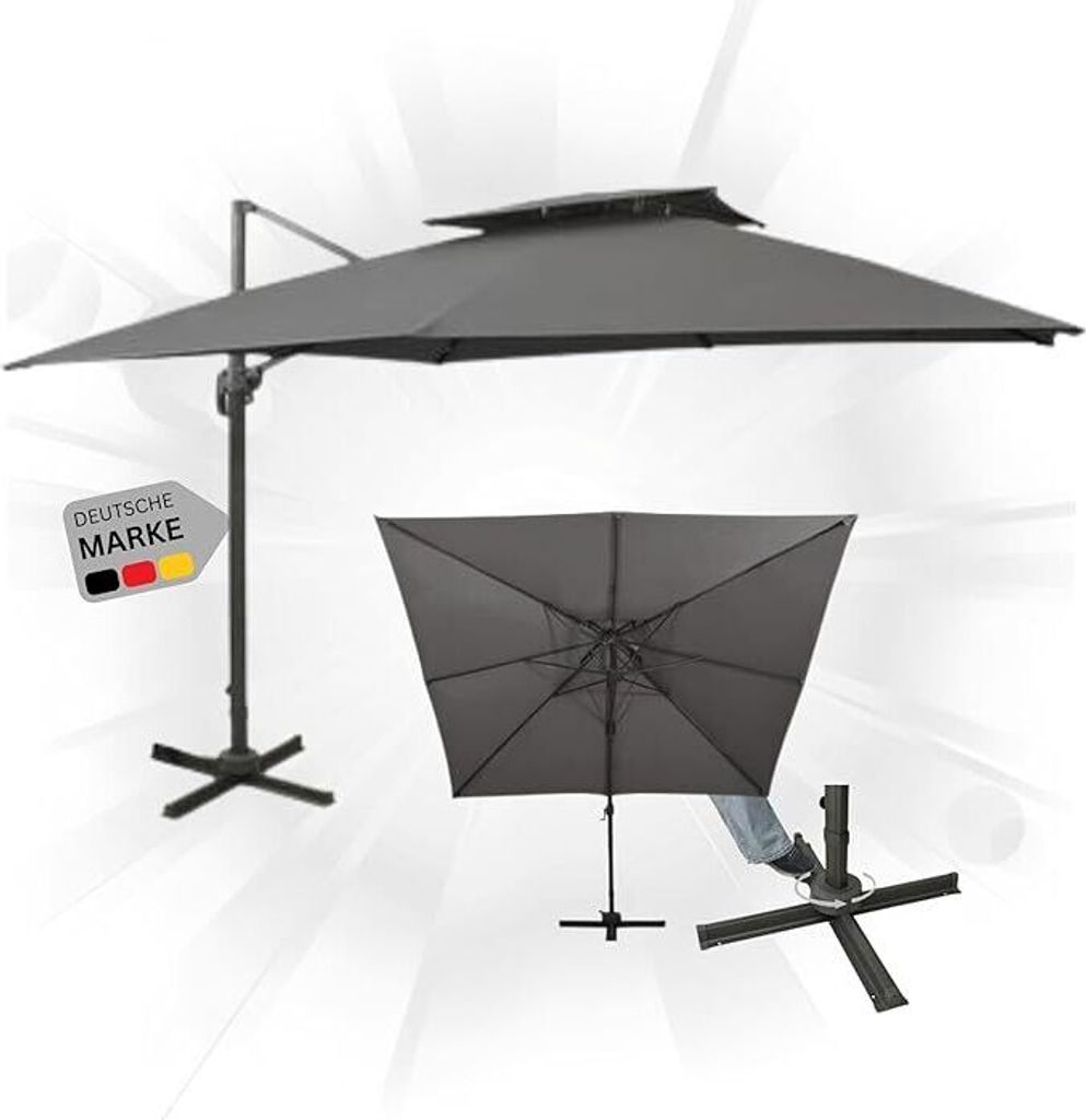 DELUKE Sonnenschirm rechteckig LOTI 300cm Anthrazit | UV-Schutz, Kippbar, Kurbelsystem | Ampelschirm rechteckig Freiarm Sonnenschirm 300 cm Kurbe...