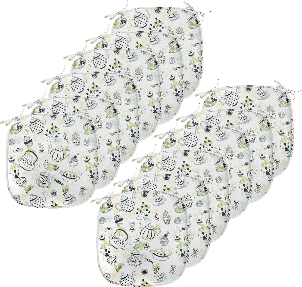 ABAKUHAUS Tee-Party Imbottitura per sedie da sala da pranzo, cuori doodle, cuscino decorativo impermeabile con cinturini per sedie da cucina, 40 cm x 40 cm - confezione da 12, nero bianco verde