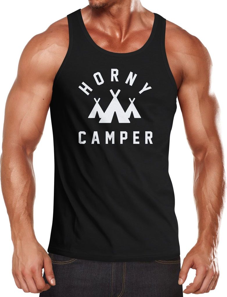 Herren Tanktop Horny Camper Camping Muskelshirt Tank Top Muscle Shirt Achselshirt Moonworks schwarz M