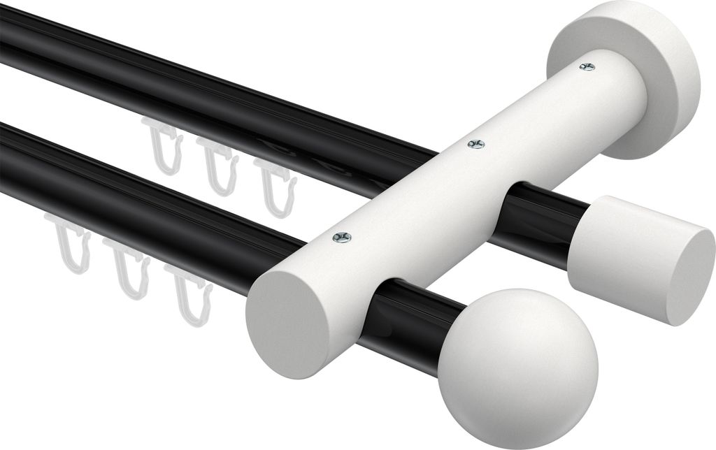 Interdeco Innenlaufstange / Gardinenstange mit Innenlauf Schwarz / Weiß, Typ Talent Luina (Kugel), 20 mm Ø 2-läufig, 180 cm