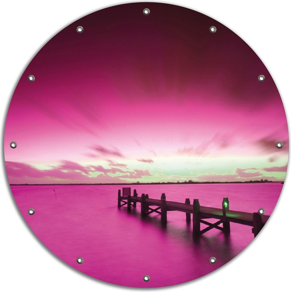 Wallario rundes Outdoor-Poster für Garten oder Balkon, Motiv Steg bei Abenddämmerung -Himmel bei Nacht Lila gefärbt, 90 cm Durchmesser