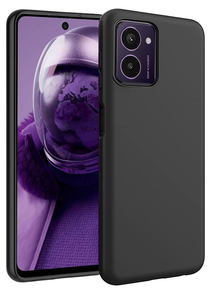 A black silicone phone case is shown on a black background, partially obscuring a smartphone with a purple screen.
