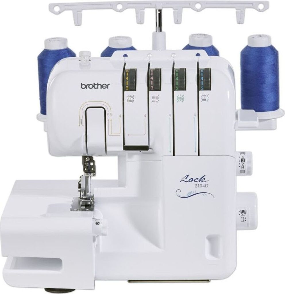 A white Brother sewing machine with blue thread spools.