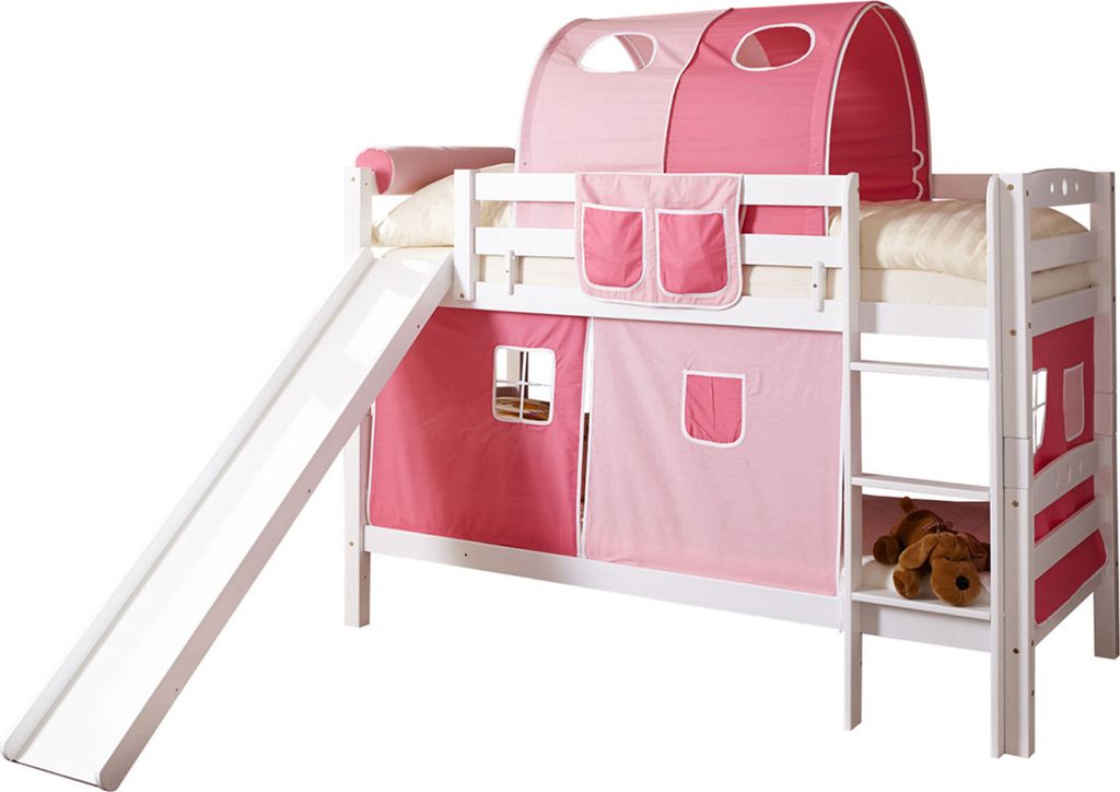 Etagenbett mit Rutsche Doppelbett Lupo Buche massiv Weiss, Vorhangstoff:Rosa Pink 3 teilig