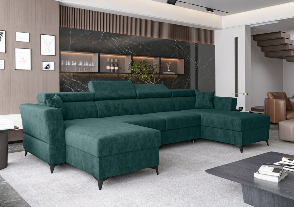 AX LIVING Ecksofa klein mit Schlaffunktion Ribella 345 cm Türkis U-Form, Bettkasten