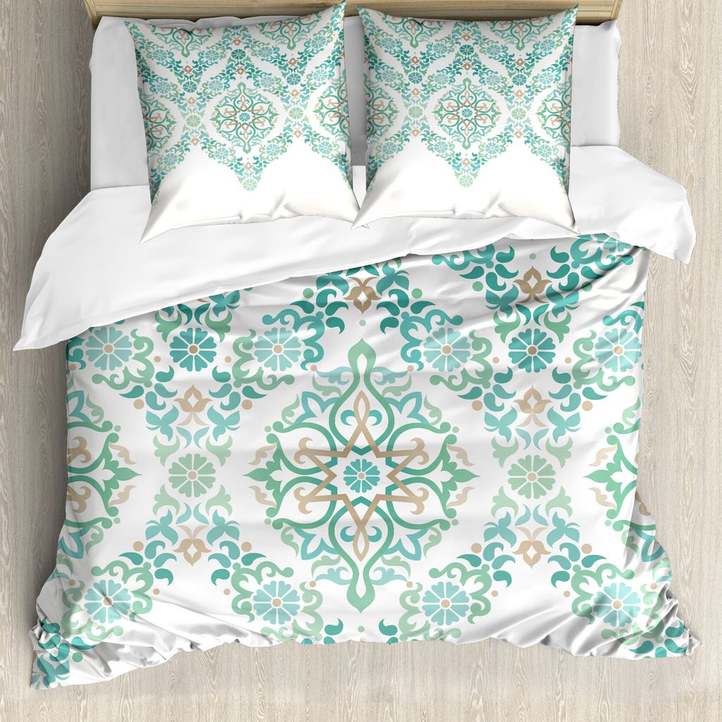 ABAKUHAUS traditionell Bettbezug, Vintage Blumen Boho, Milbensicher Allergiker geeignet mit Kissenbezügen, 200 cm x 200 cm - 80 x 80 cm, grün Tan