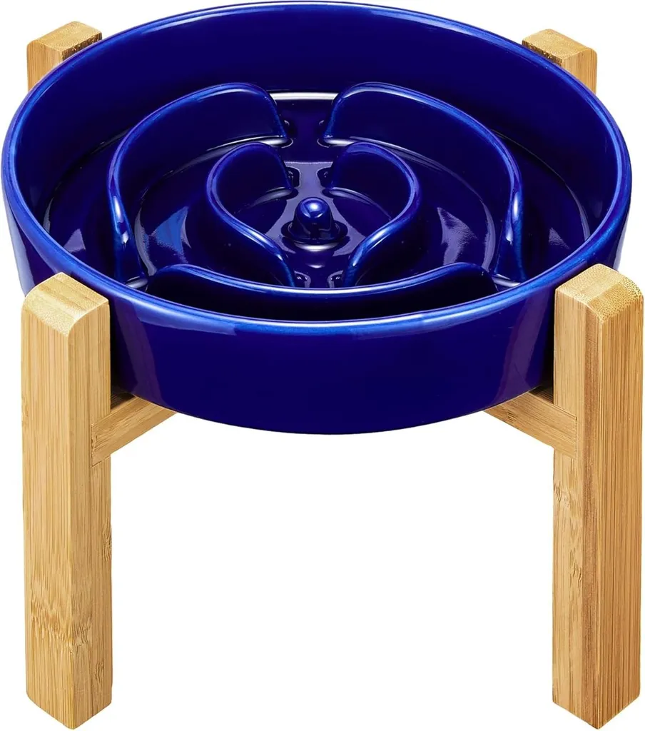 Mangeoire lente en céramique bleu marine 1000ml avec support en bois