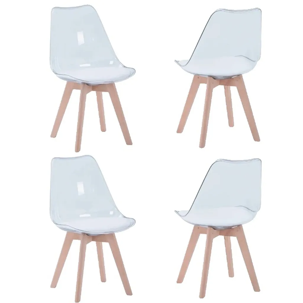Chaises scandinaves transparentes avec assise en cuir PU blanc par 4