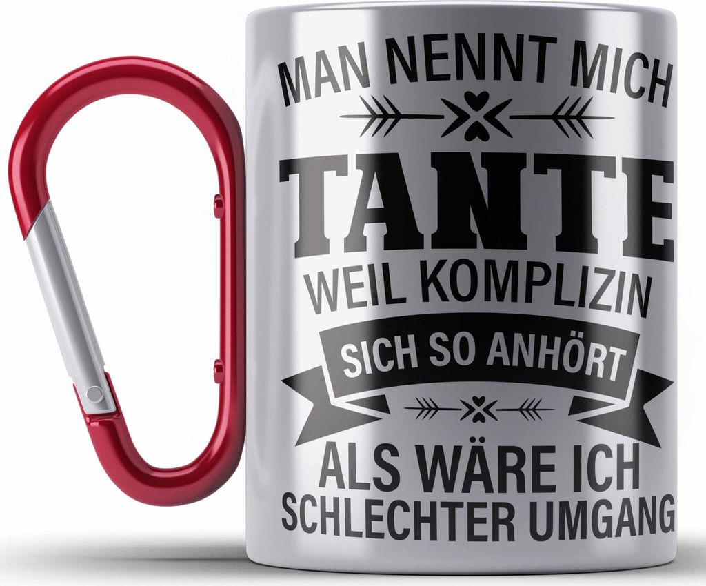 Trendation - Tante Geschenk Edelstahl Tasse Karabiner Lustiger Spruch Komplizin Schlechter Umgang Geschenkidee für Beste Tante (Rot)