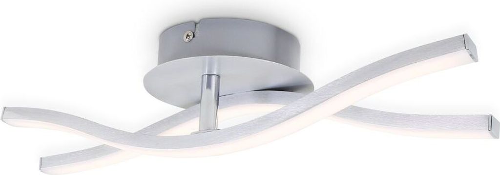 A modern LED ceiling light with a silver finish and a curved design.