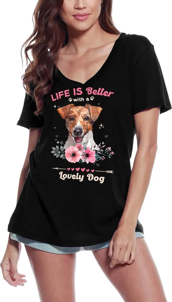 Damen Grafik T-Shirt V-Ausschnitt Jack Russel Terrier - das Leben ist besser mit einem lieben Hund – Jack Russel Terrier Life Is Better With A Lo...