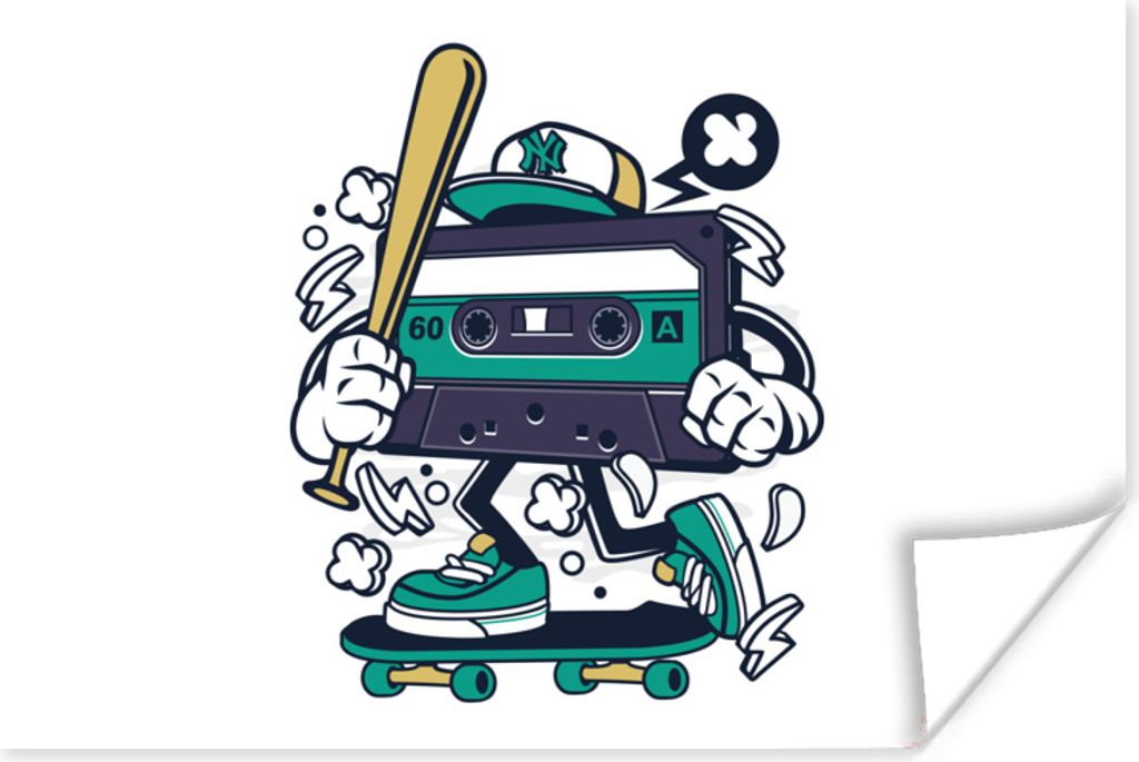 MuchoWow Poster Kassettenkassetten - Baseballschläger - Skateboard - Vintage 180x120 cm - Fotoplakat