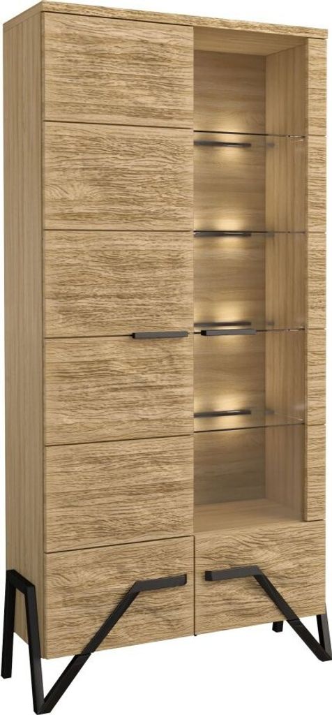 Vitrine Kastav 04, Farbe: Eiche / Schwarz, teilmassiv - 201 x 100 x 40 cm (H x B x T)