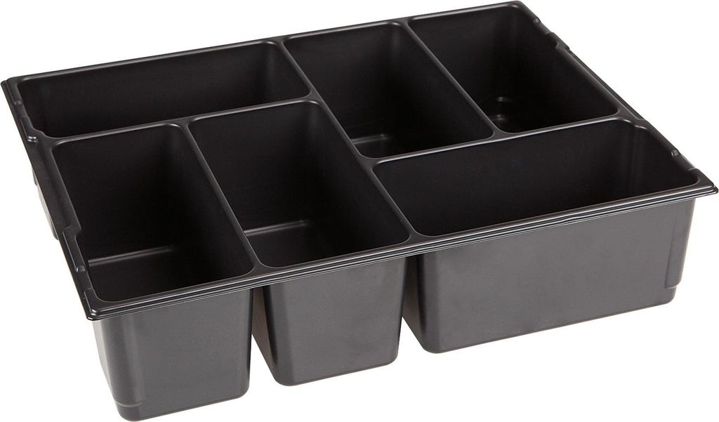A black plastic organizer with multiple compartments.