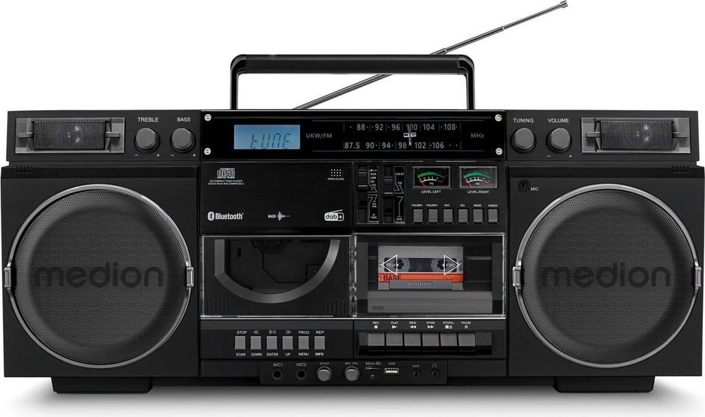 A black Medion retro boombox with a cassette player, CD player, and radio.