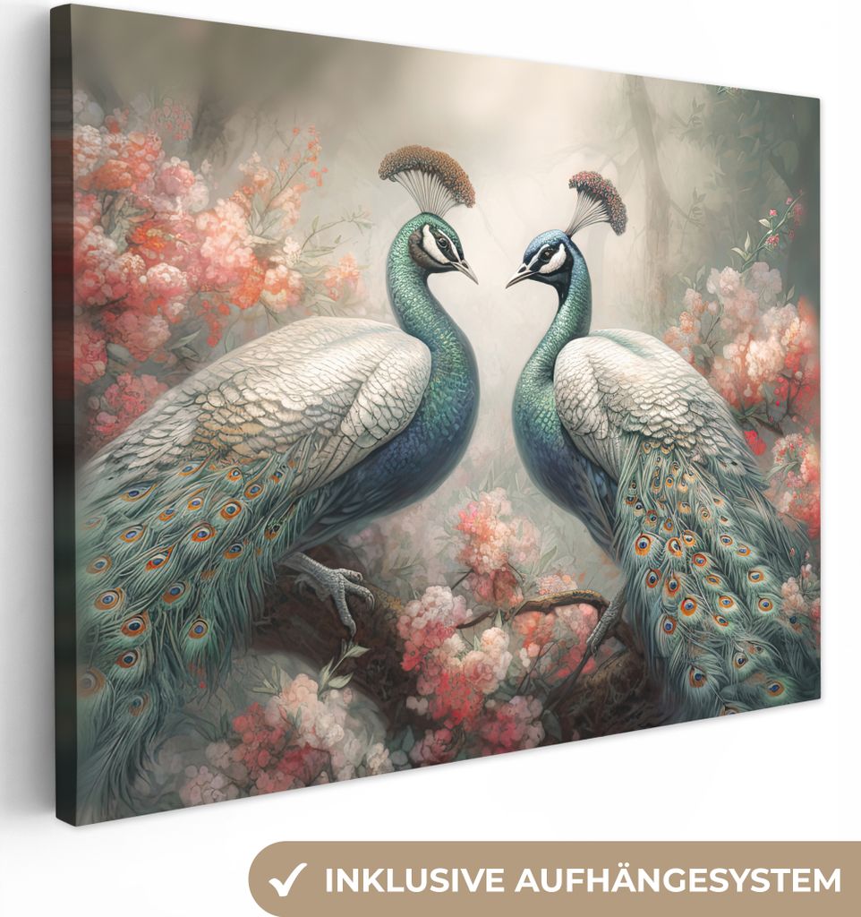 MuchoWow - Leinwandbilder - Pfaue - Pfauenfedern - Vögel - Natur, Wandbild, Wanddeko Bilder Wohnzimmer, 40x30 cm
