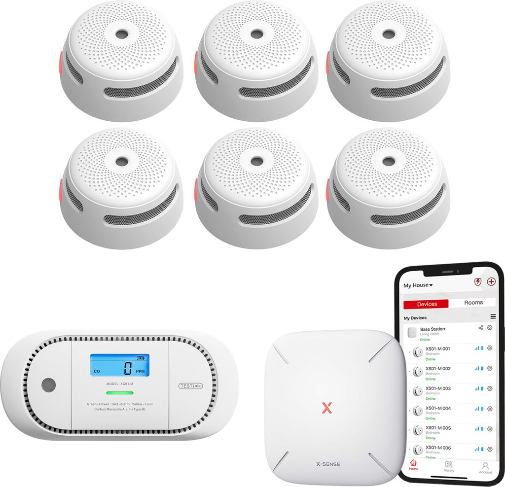 X-Sense Link+ Pro Intelligentes Brandschutzpaket - 6 XS01-M Rauchmelders, 1 XC01-M Kohlenmonoxidmelder und SBS50 Basisstation - Funktioniert über App