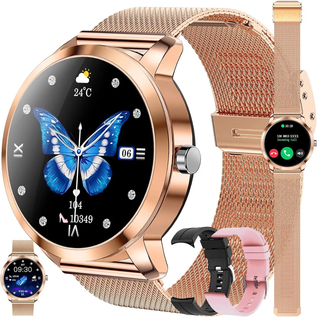 Smartwatch Donna Oro 1.09" Chiamate Bluetooth e Monitoraggio Ciclo