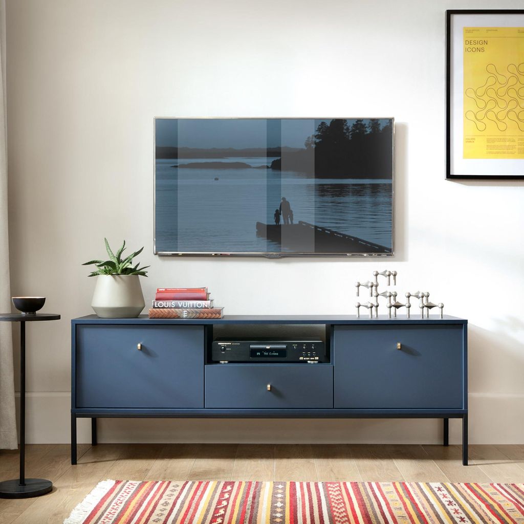 Komodee, TV-Schränk MONCTON - Marineblau - Metallgriffe - Breite 154 cm, Höhe 56 cm, Tiefe 39 cm