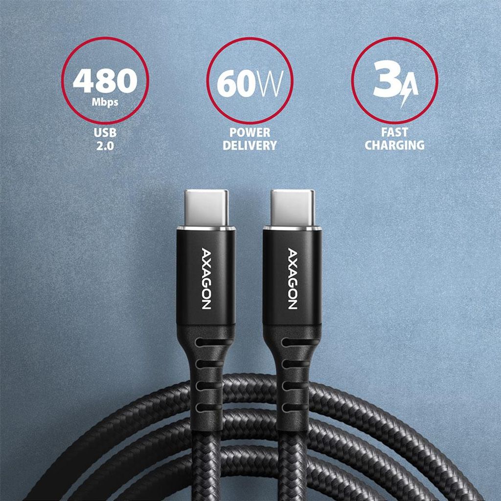 Axagon BUCM-CM20AB HQ USB-C <> USB-C Kabel 2 m, 2 m, USB C, USB C, USB 2.0, 0,48 Gbit/s, Schwarz