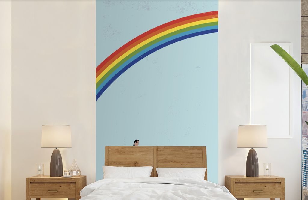 MuchoWow Fototapete für Wohnzimmer oder Schlafzimmer Wandtapete Vinyl Motivtapete Eine Illustration eines Mannes mit einer Schubkarre unter dem ...