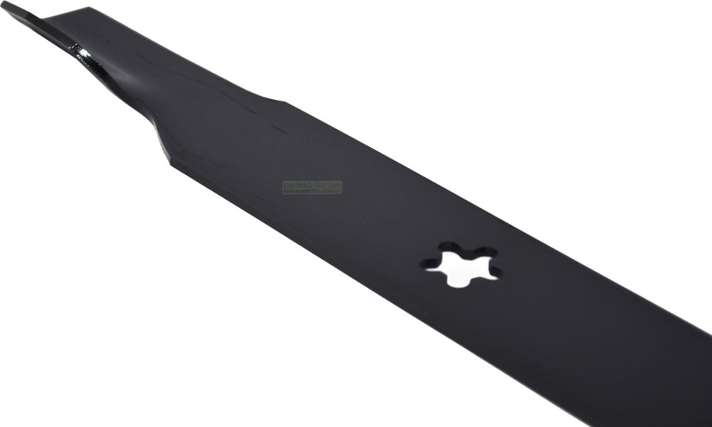 A black lawnmower blade is shown against a white background.