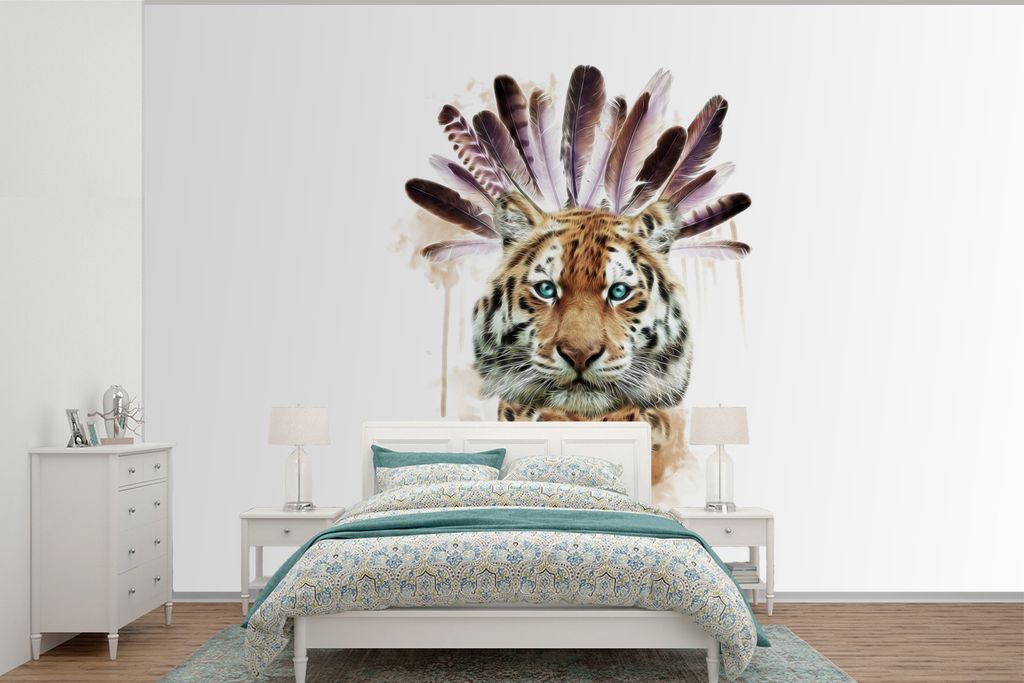 MuchoWow Fototapete für Wohnzimmer oder Schlafzimmer Wandtapete Vinyl Motivtapete Tiger - Kopf - Federn - 360x240 cm - Vinyl-Tapete