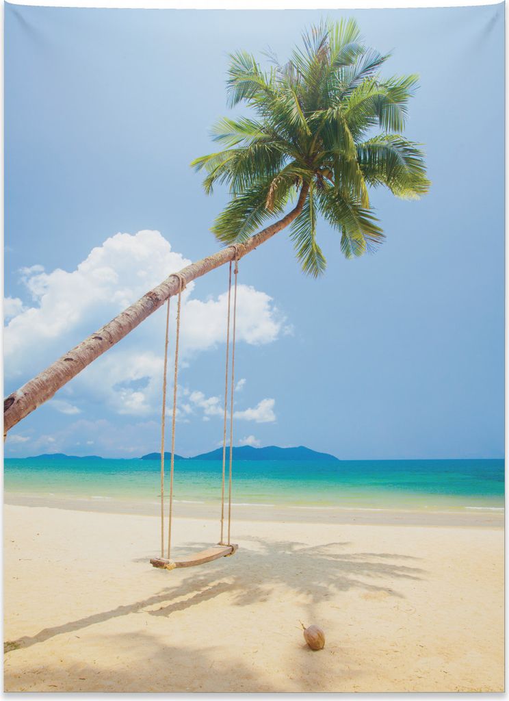 Abakuhaus Tropisch Wandteppich, Kokosnuss-Palmen-Insel aus Weiches Mikrofaser Stoff Kein Verblassen Klare Farben Waschbar, 110 x 150 cm, Creme Grü...