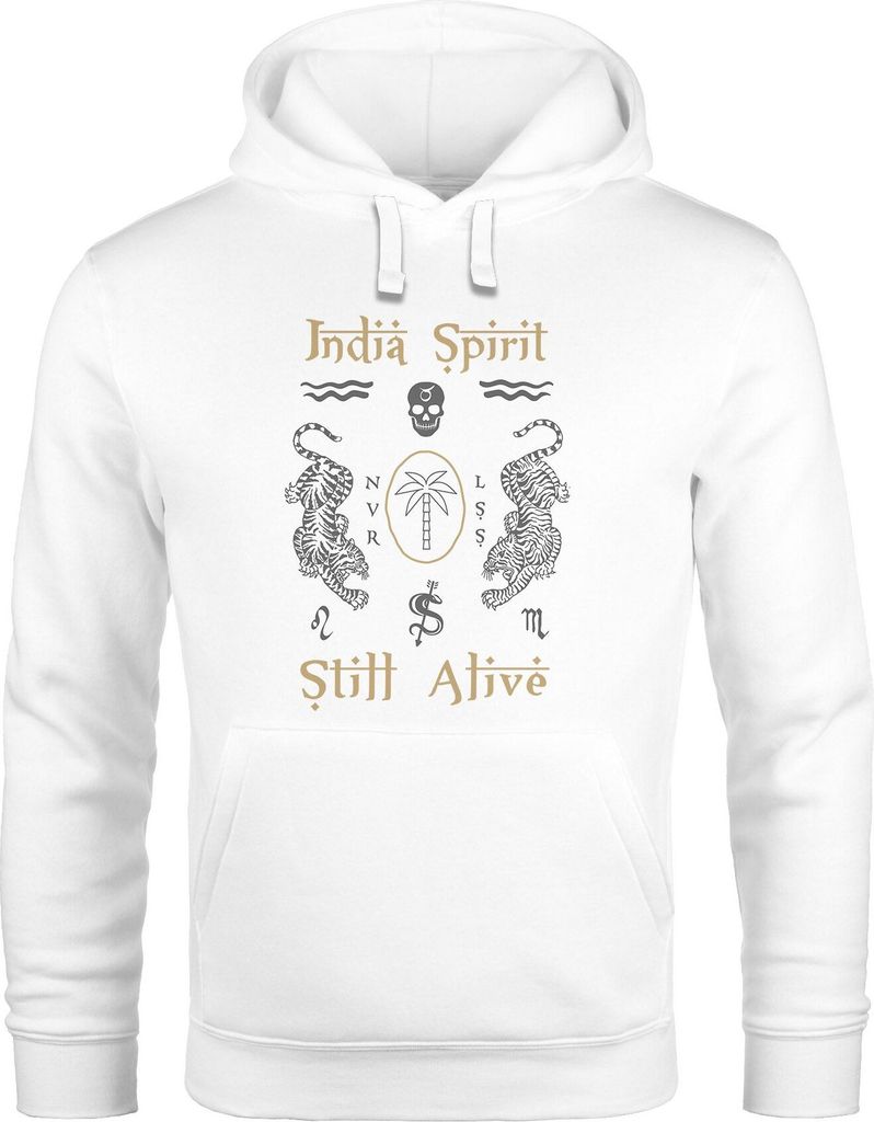 Hoodie Herren Tiger Motiv Totenkopf India Spirit Schriftzug Indien Fashion Streetstyle Kapuzen-Pullover Männer Neverless weiß S