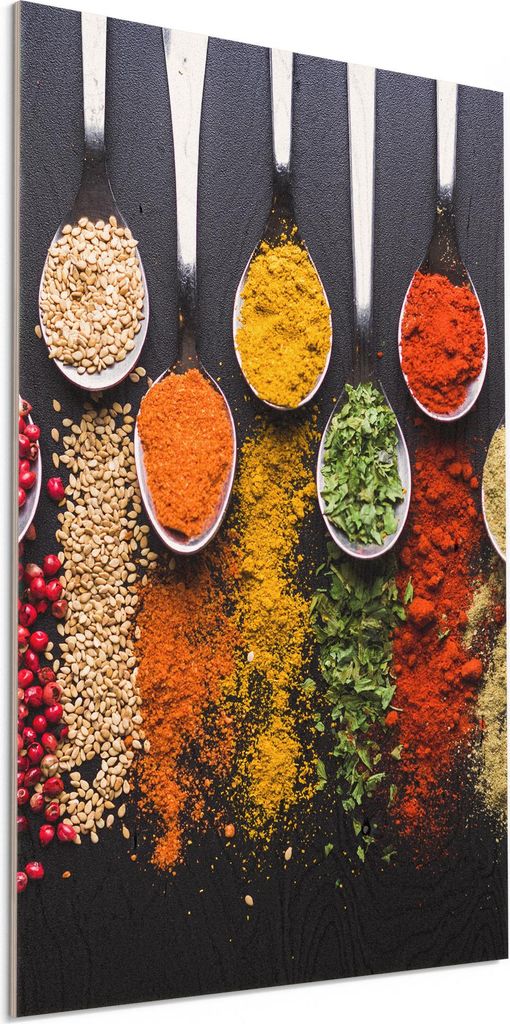 DEQORI Holzbild 40x60 cm 'Kochlöffel mit Gewürzen' Bild auf Holz Wandbild Kunstdruck