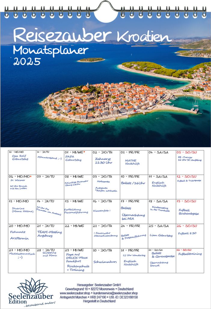 Reisezauber Kroatien Planer DIN A4 Kalender für 2025 Kroatien Zagreb Meer Strand Urlaub - Seelenzauber