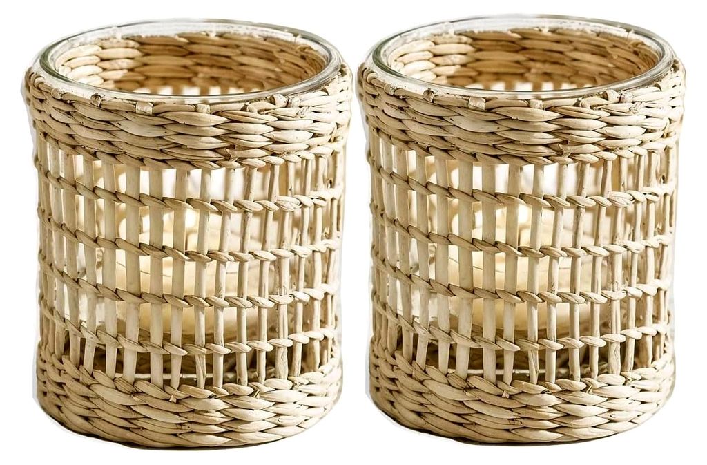 Boho Farmhouse Rattan-Votivkerzenhalter, 2 Stück, rustikales Weidengeflecht, gewebt, Votivkerzenhalter für Zuhause, Küche, Esstisch, Tafelaufsatz