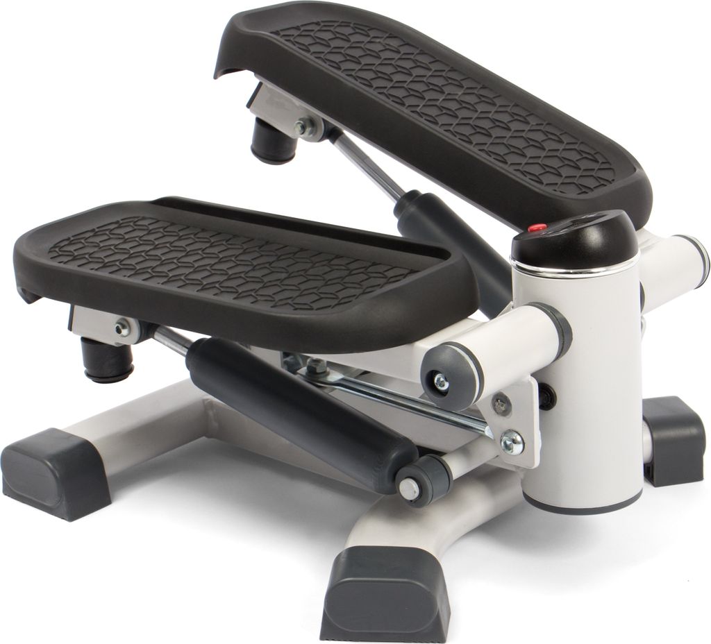 A close-up studio shot of a compact elliptical stepper.