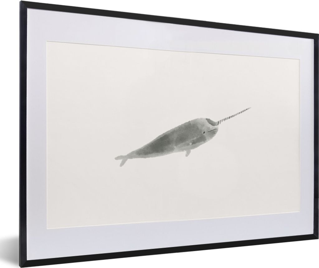 MuchoWow MuchoWow Gerahmtes Poster Narwal - Tiere - Grau - Aquarell 60x40 cm - Poster mit zchwarzem Bilderrahmen - Schlafzimmer - Plakat in Rah...