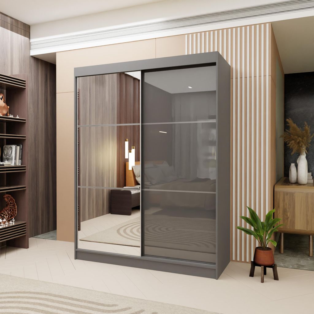 160 cm Kleiderschrank mit Schiebetüren Lumina II Moderner Kleiderschrank mit Spiegel und silbernen Sprossen Kleiderschrank fürs Schlafzimmer mit ...