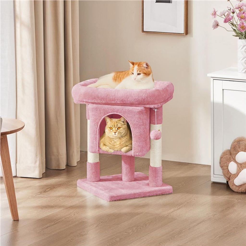 Yaheetech Katzenbaum Kratzbaum mit großer Aussichtplattform Plüsch Katzenmöbel Liege Höhle Spielbaum Höhe 60 cm Hellrosa