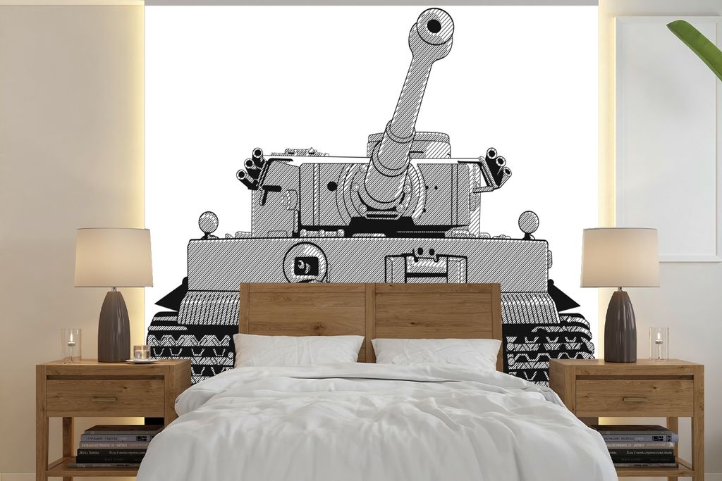 MuchoWow Fototapete für Wohnzimmer oder Schlafzimmer Wandtapete Vinyl Motivtapete Illustration eines grauen Tanks - 350x350 cm - Schlafzimmertapete