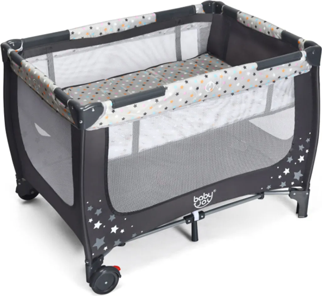 Lit de voyage COSTWAY BC10055GR 2 en 1 avec parc bébé gris 120x60cm