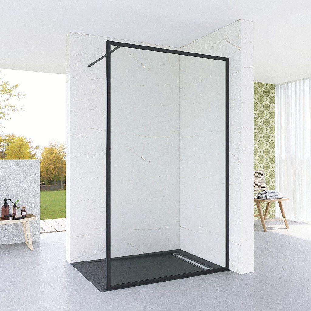 Duschwand für Dusche Walk in Dusche Duschabtrennung Glas Schwarz 80x203cm 8mm Einscheibensicherheitsglas Vollrahmen mit Stabilisationsbügel Verst...