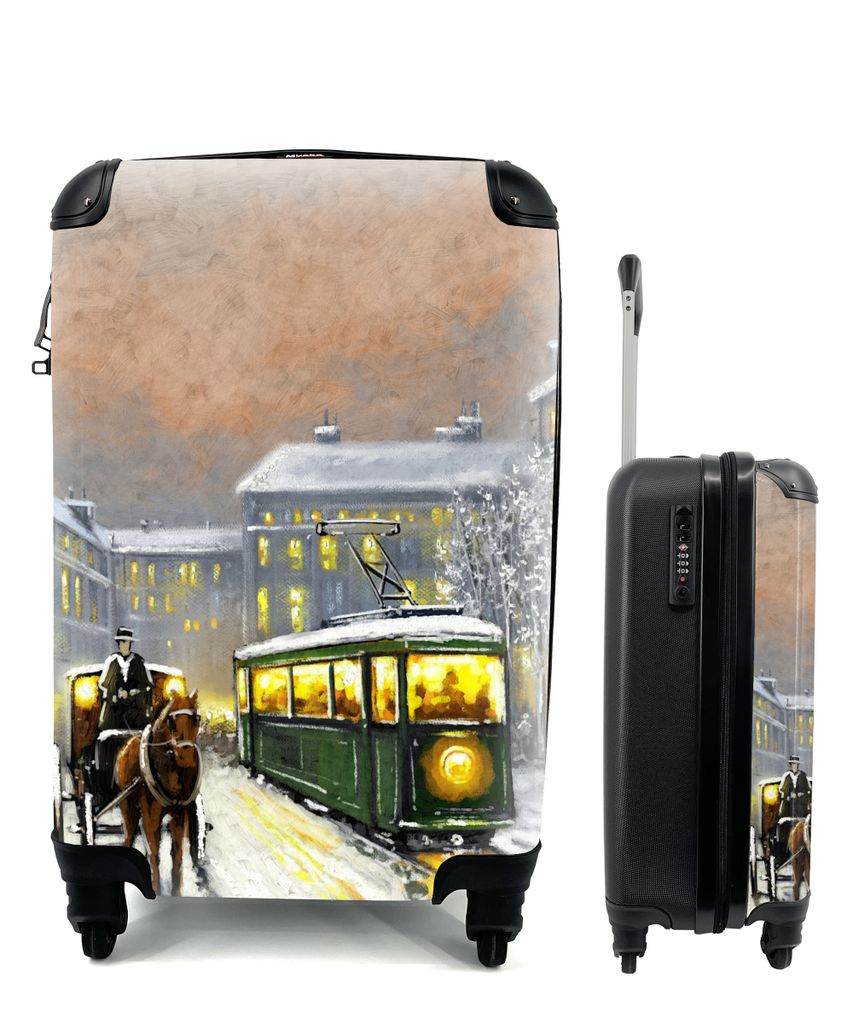 MuchoWow Koffer Handgepäck Trolley Rollkoffer Kleine Reisekoffer mit 4 Rollen - Gemälde - Ölgemälde - Winter - Straßenbahn - Pferd - Cabin S...