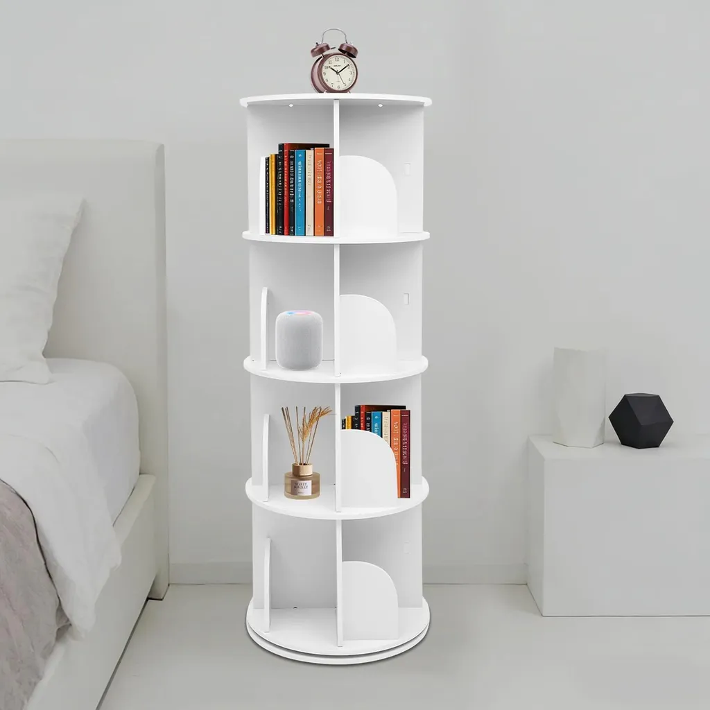 Étagère de rangement rotative 360° en bois blanc avec 4 compartiments