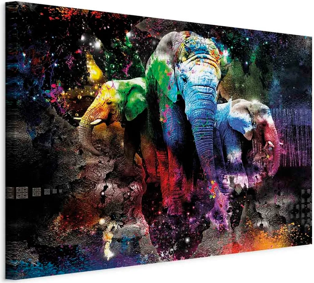 Arredo Casa: Quadro Elefanti Colorati su Tela 60x40 - Idea Regalo