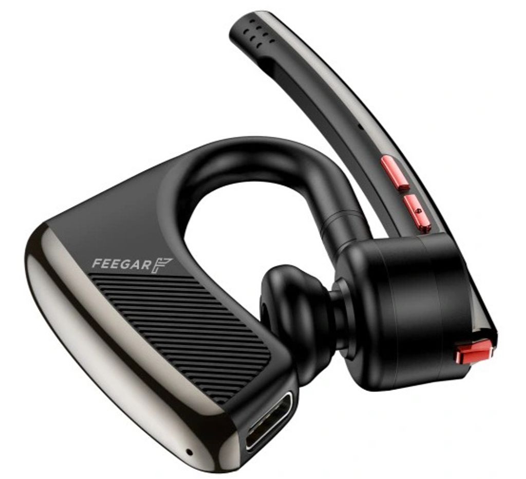 A black Bluetooth headset with silver and red accents is shown against a white background.
