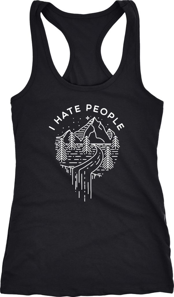 Damen Tanktop Aufschrift I hate People Adventure Berge Natur Fun-Shirt Spruch lustig Racerback Trägertop Moonworks schwarz XXL
