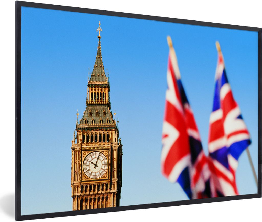 MuchoWow MuchoWow Gerahmtes Poster Big Ben und zwei britische Flaggen in London 60x40 cm - Poster mit zchwarzem Bilderrahmen - Printing - Wandd...