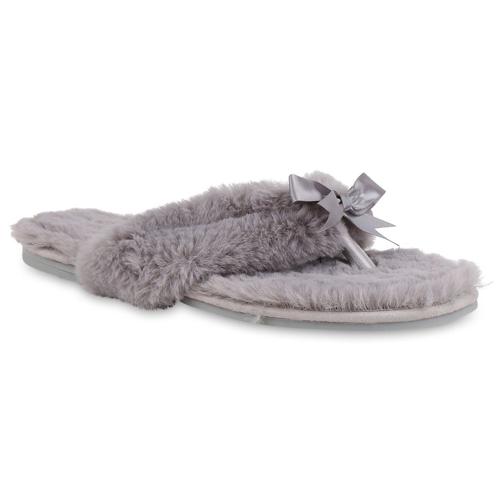VAN HILL Damen Hausschuhe Warm Gefütterte Sandalen Zehentrenner Schleifen 818526, Farbe: Grau, Größe: 37