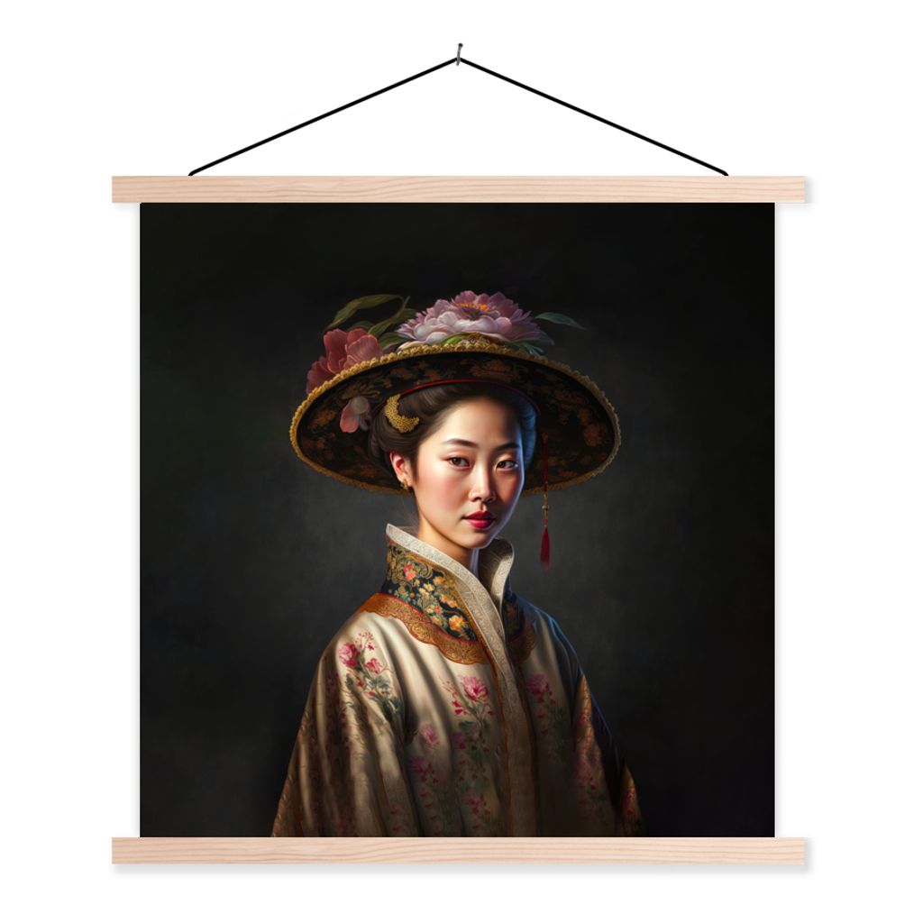 MuchoWow Textilposter Frau - Porträt - Blumen - Hut - Asiatisch 60x60 cm mit holzfarbenen Rahmen - Wanddekoration