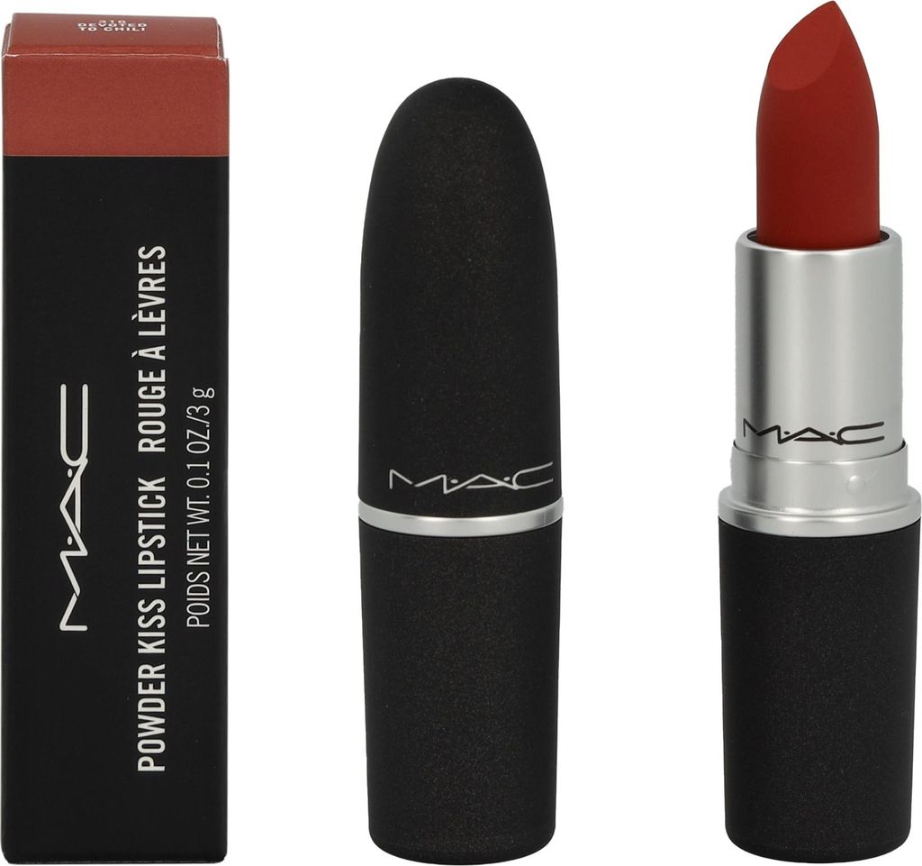 A MAC Powder Kiss Lipstick and its packaging are displayed against a white background.